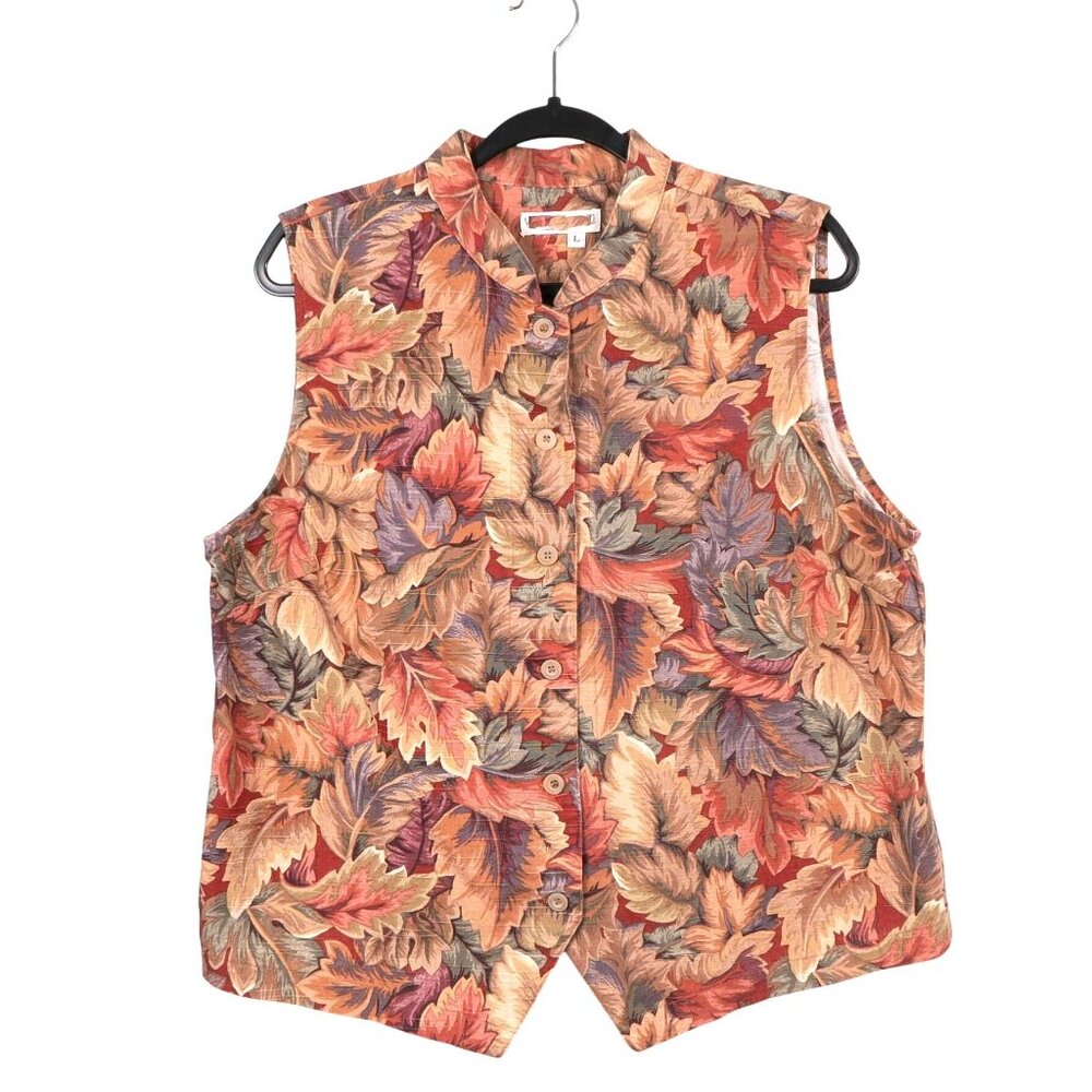 VTG Fall Leaf Print Button Up Vest L Womens Earthy Knit Mandarin Collar Boho